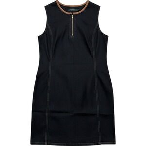Lauren Ralph Lauren Denim Shift Dress 8 Dark Indigo Brown Leather Preppy Chic